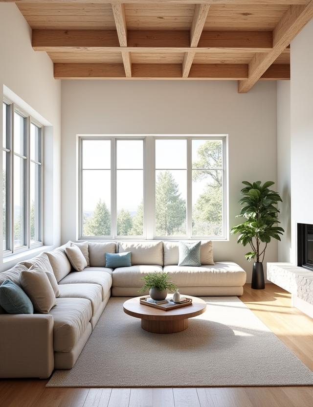 A bright and airy modern farmhouse living room with a large sectional sofa and exposed wooden beams