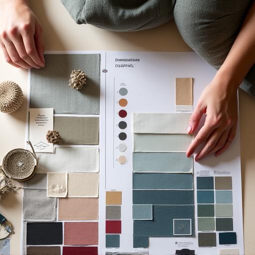 An interior design moodboard with fabric swatches and color palettes